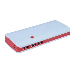 Baterie externa portabila PowerBank, 3 porturi USB, lanterna incorporata, capacitate 20000mAh, pentru incarcarea telefonului si a altor dispozitive, alb cu rosu