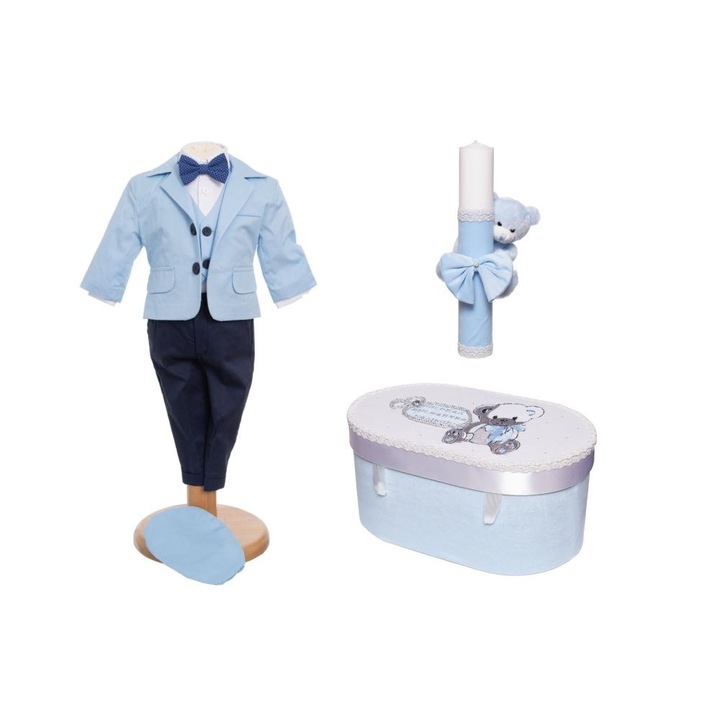 Set botez complet Alin 4, costum, cufar, trusou si lumanare, bleu-bleumarin, 4 piese, 3-6 luni