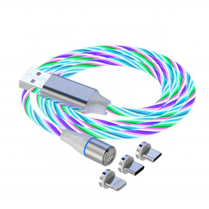 Магнитен кабел Frontkare 3A, зареждане и пренос на данни с интелигентен чип и светлинен поток, 3 в 1, рубидиев магнитен конектор, TPE устойчив на огъване капак, USB-C, Micro-USB, Lightning, Бяло-Многоцветен цвят