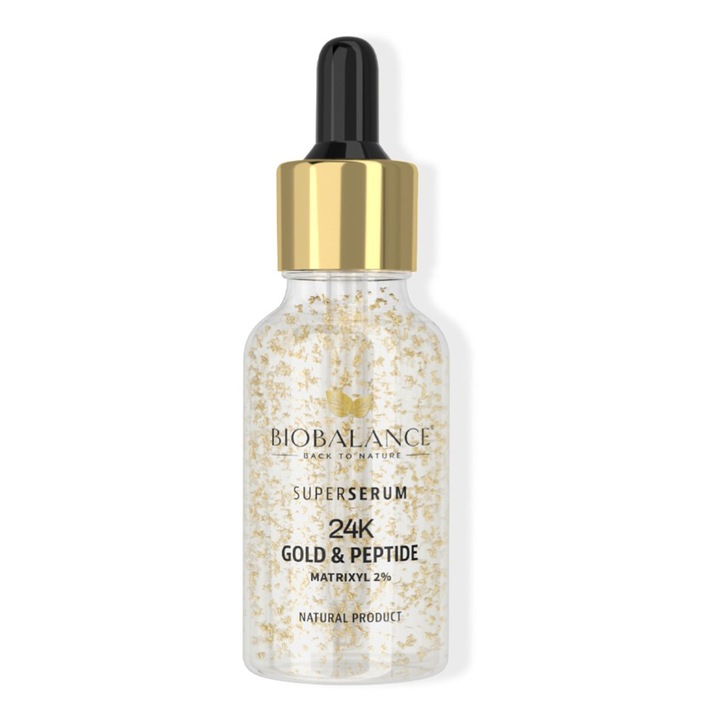 Super Serum 24K Gold & Peptide, cu Fulgi de Aur + Matrixyl 2%, pentru Conturul Ochilor si Riduri de Expresie, Bio Balance, 30 ml