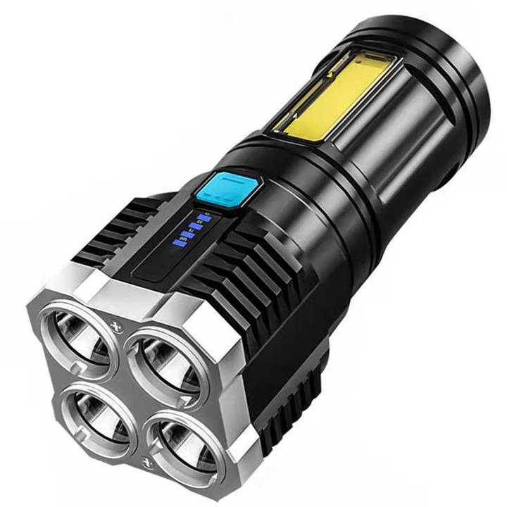 Фенер, GOGOU, 300lm, USB зареждане, 4 режима на светене, обсег на действие 300 м, със захранващ дисплей, ABS, черен