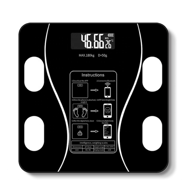eOptima® BC180 fürdőszobai személymérleg, bluetooth, vékony kialakítás, automatikus indítás, akkumulátorjelző, dedikált alkalmazás, kis méretek, maximális kapacitás 180 kg, fekete