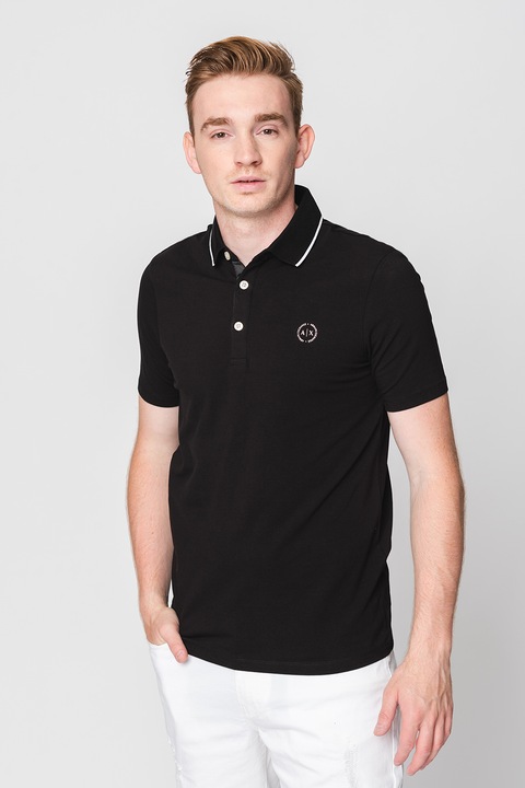ARMANI EXCHANGE, Galléros szűk fazonú póló logós részlettel, Fekete, 2XL