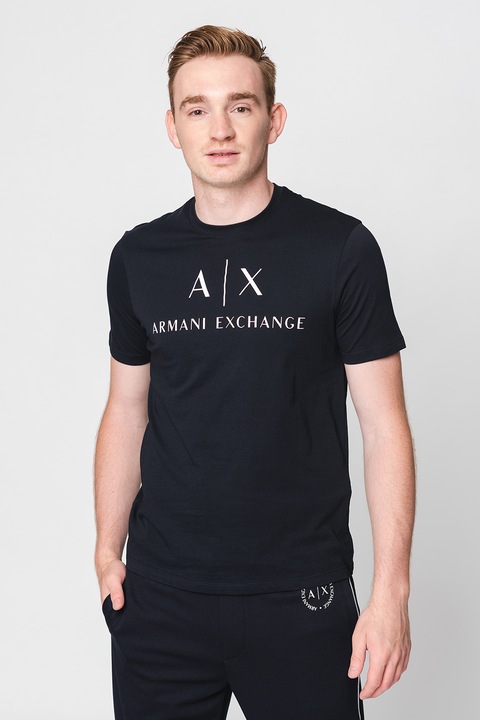ARMANI EXCHANGE, Вталена памучна тениска с лого, Тъмносин