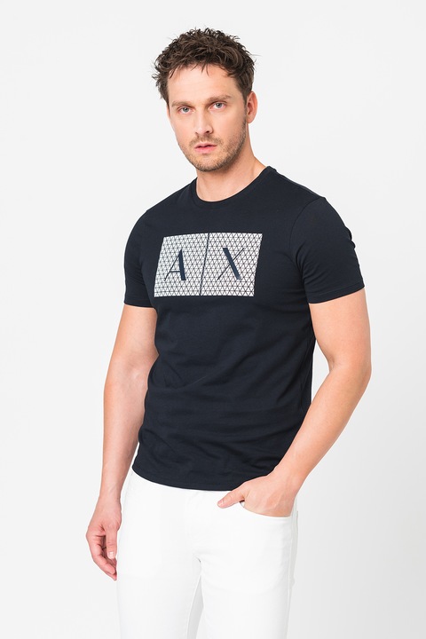 ARMANI EXCHANGE, Памучна слим тениска с лого, Тъмносин