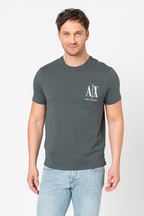 ARMANI EXCHANGE, Памучна тениска с лого, Тъмнозелен