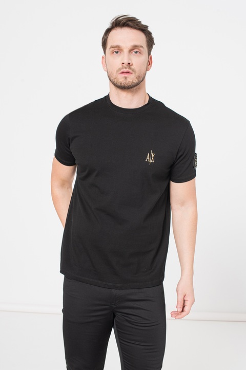 ARMANI EXCHANGE, Памучна тениска с овално деколте и лого, Черен, S