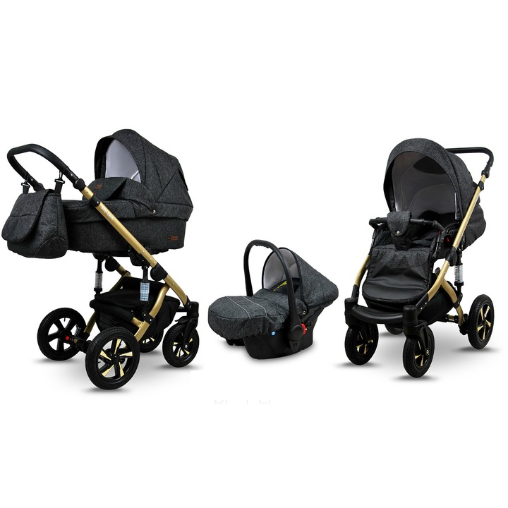 Детска количка 3в1 BabyLux SkyLark, BabyLux, Столче за кола, Черен, Златиста рамка