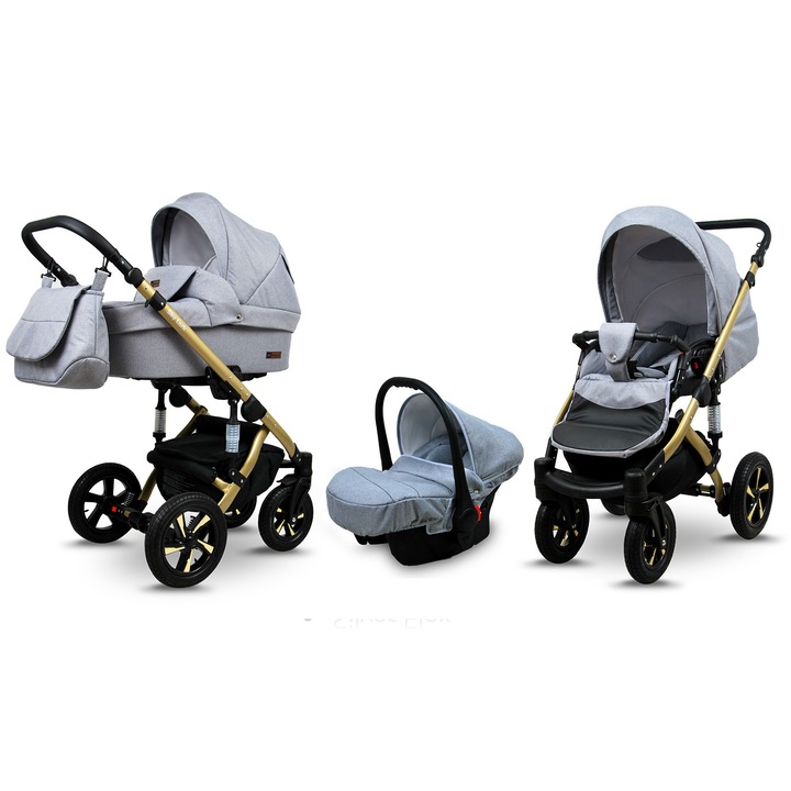 Детска количка 3в1 BabyLux SkyLark, BabyLux, Столче за кола, Сив, Златиста рамка