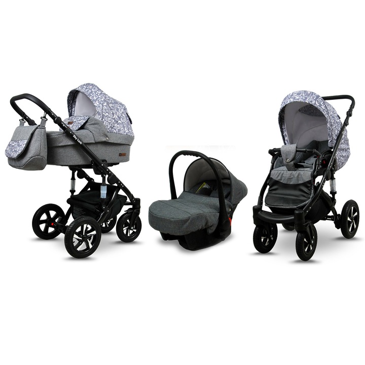 Количка 3в1 BabyLux SkyLark, Столче за кола, Черен / Сив