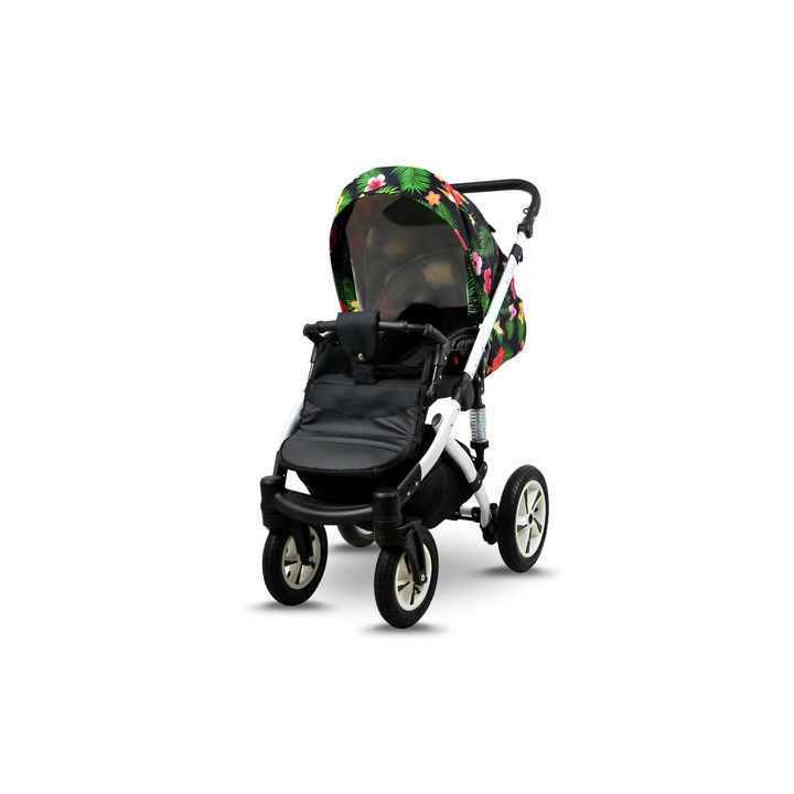 Количка 4в1 BabyLux SkyLark, Столче за кола, ISOFIX, Флорален принт, Черен