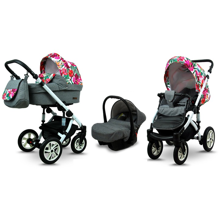 Количка 3в1 BabyLux SkyLark, Столче за кола, Сив, Флорален принт