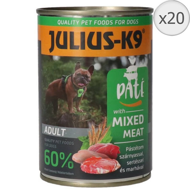 Julius K9 nedves kutyaeledel, Húskeverékes pástétom, Felnőtt kutyáknak, 20x400 g