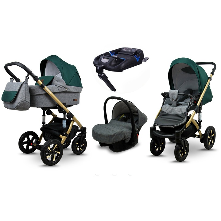 Количка 4в1 BabyLux SkyLark, Столче за кола, ISOFIX, Зелен / Златист