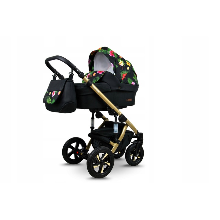 Количка 4в1 BabyLux SkyLark, Столче за кола, ISOFIX, Черен, Флорален принт