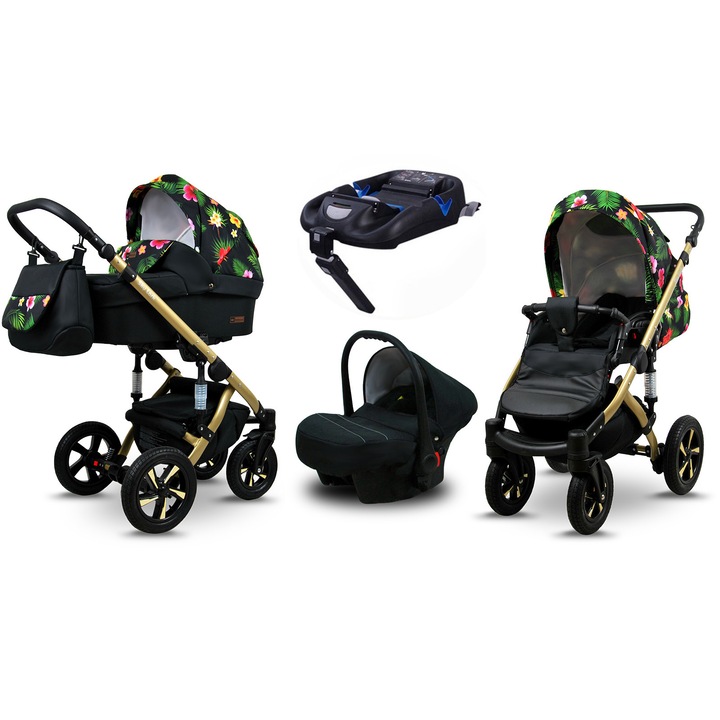 Carucior 4in1 SkyLark, BabyLux, Scaun auto, ISOFIX, Negru cu imprimeu floral