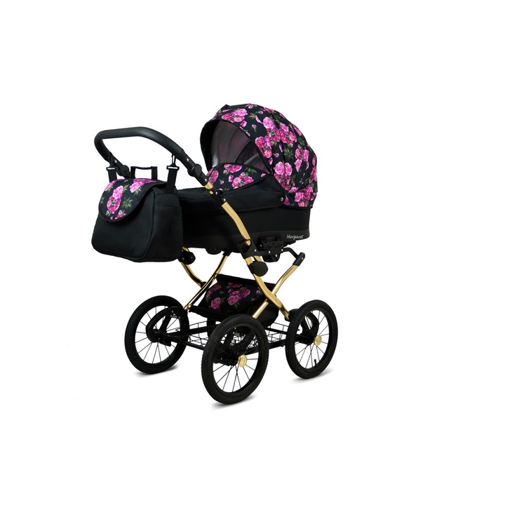 Количка 3в1 BabyLux Margaret GOLD, Столче за кола, Черен, Флорален принт