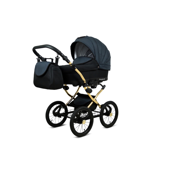 Carucior 3in1 BabyLux Margaret GOLD, Multifunctional Ergonomic Cu Scaun Auto, Negru Elegant si Cadru Aluminiu Auriu, Roti Mari Gonflabile, Piele Ecologica