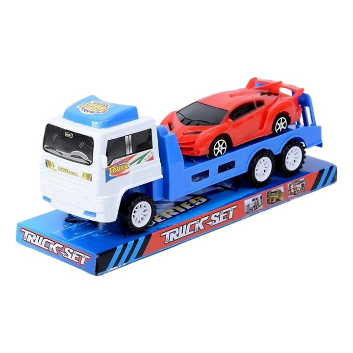 Комплект Играчка камион с ремарке и кола, бяло/червено/синьо