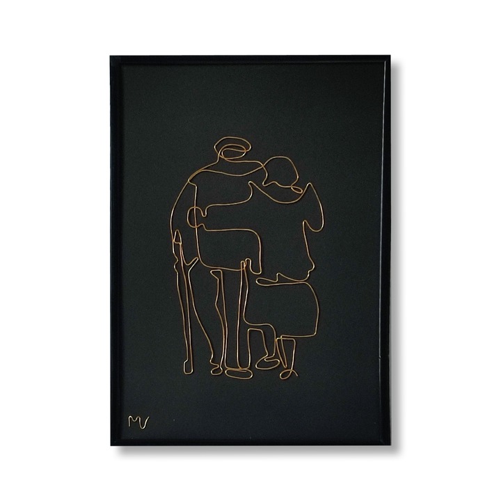 Tablou Doi tinerei, sculptura in fir continuu de sarma placata cu aur, 25x31 cm