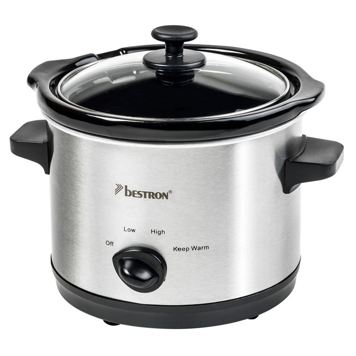 Slow cooker Bestron ASC 150, capacitate 1.5 L,4 programe, putere 120W, capac de sticla, Inox