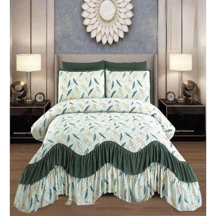 Set cuvertura de pat cu 2 fete de perna, 3 piese, din bumbac finet, imprimata, matlasata, verde/alb, Rodica, CVJ-13 230x270 cm