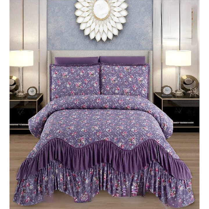 Set cuvertura de pat cu 2 fete de perna, 3 piese, din bumbac finet, imprimata, matlasata, lila, Colorful Flowers, CVJ-06, 230x270 cm