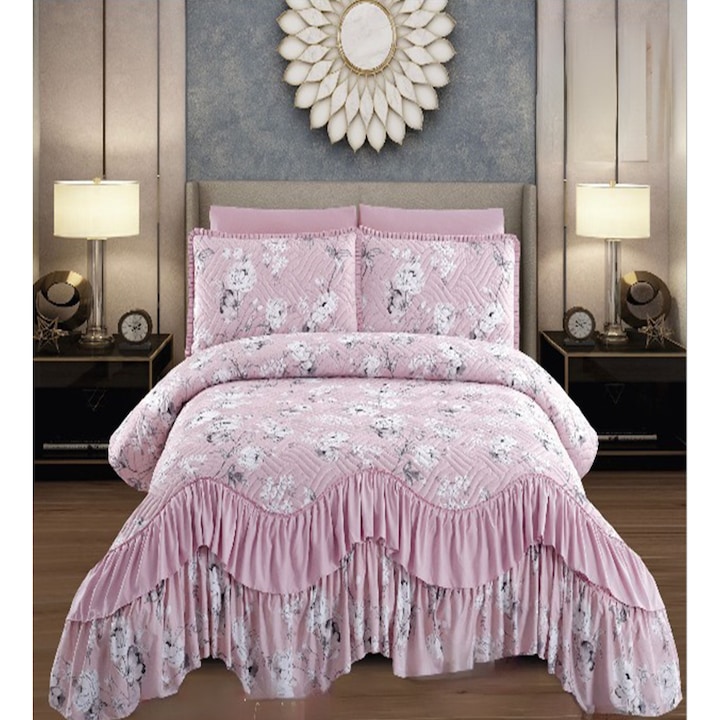 Set cuvertura lux de pat, matlasata, din finet, cu volan, pat 2 persoane, 3 piese, Flori Albe, roz/alb, CVJ-04, 220x270 cm