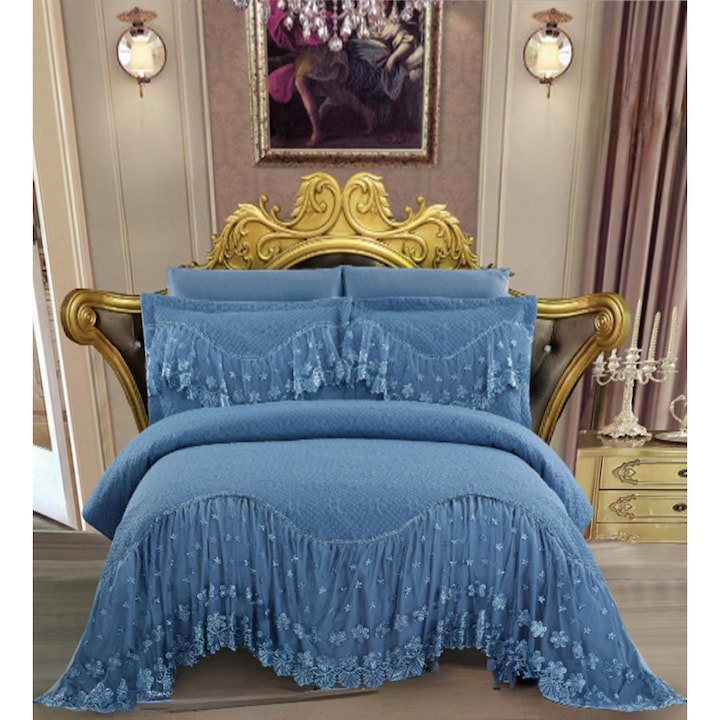 Set cuvertura lux de pat, matlasata, din finet, cu volan, pat 2 persoane, 3 piese, albastru, CVJ-16, 220x280 cm