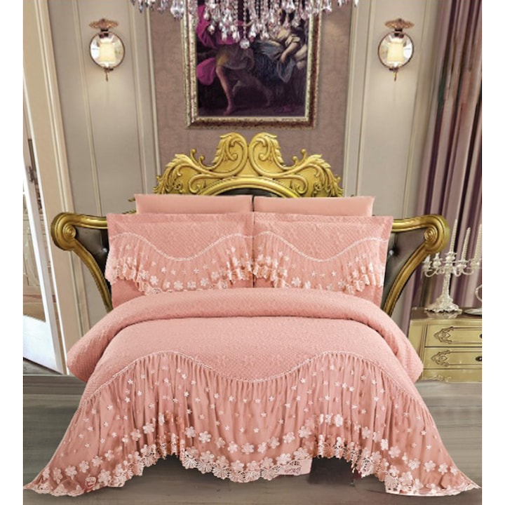 Set cuvertura lux de pat, matlasata, din microfibra, cu volan, pat 2 persoane, 3 piese, roz pudrat, CVJ-17, 220x280 cm