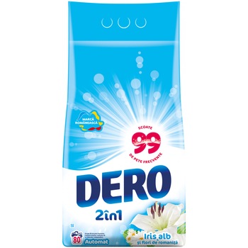 Detergent automat Dero 2in1 Iris alb si flori de romanita, 8kg, 80 spalari Detergent automat Dero 2in1 Iris alb si flori de romanita, 8kg, 80 spalari