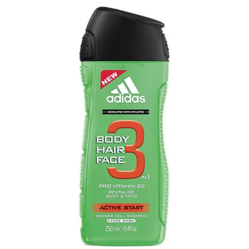 Gel de dus 3 in 1 adidas Active Start pentru corp, par si fata, Barbati, 250 ml Gel de dus 3 in 1 adidas Active Start pentru corp, par si fata, Barbati, 250 ml