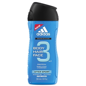 Gel de dus 3 in 1 adidas After Sport pentru corp, par si fata, Barbati, 250 ml Gel de dus 3 in 1 adidas After Sport pentru corp, par si fata, Barbati, 250 ml
