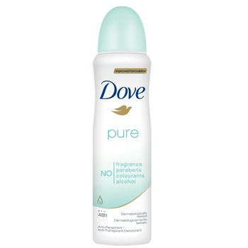Deodorant antiperspirant spray Dove Pure pentru femei, 150 ml Deodorant antiperspirant spray Dove Pure pentru femei, 150 ml