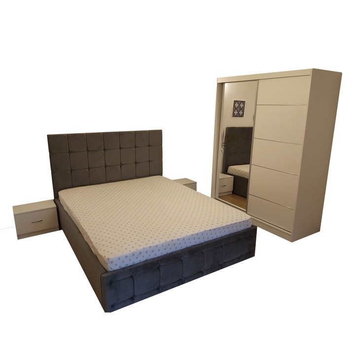 Set Dormitor Regal cu Pat Tapitat Gri 160 cm x 200 cm
