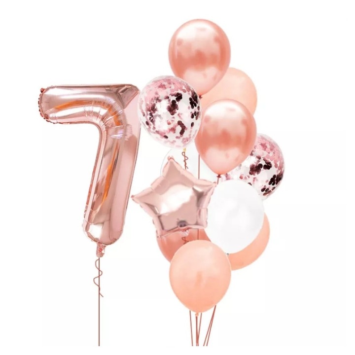 Комплект от 12 балона It's Party Time, За 7-годишна годишнина, Момиче, Розово златист