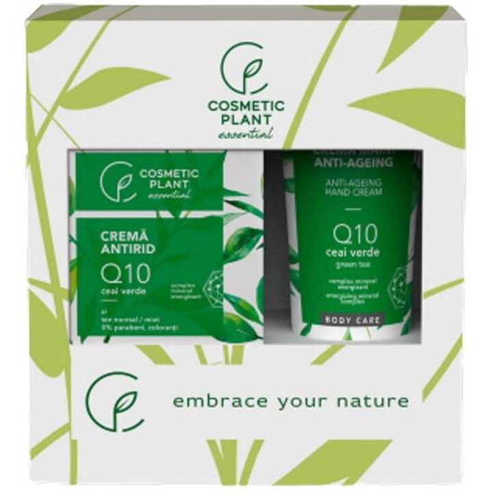 Set Cadou Essential Antirid Cosmetic Plant - Crema Antirid de Zi Q10 si Ceai Verde, 50 ml + Crema de Maini Anti-Ageing Q10 si Ceai Verde, 100 ml