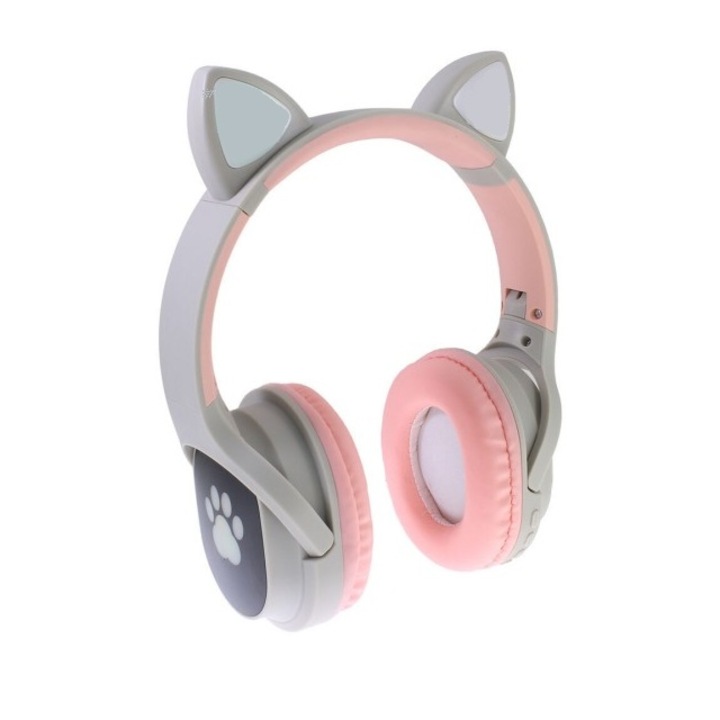CATear VZV-380M Vezeték nélküli fejhallgató, macskafüllel, összecsukható/forgatható, beépített mikrofon, Bluetooth 5.0, sztereó, kihangosító, LED mancsok, 7 szín, MP3 lejátszó, FM rádió, szürke\rózsaszín