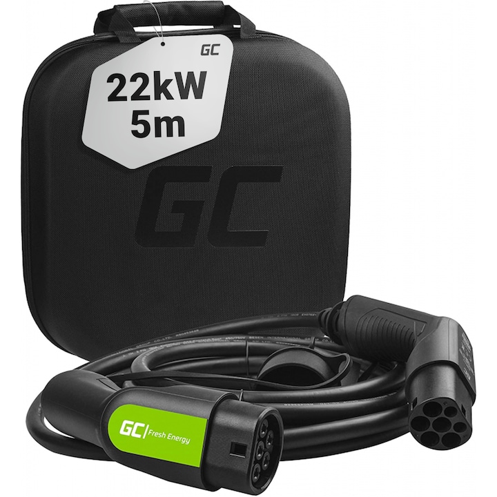 Cablu de incarcare Green Cell GC tip 2 22kW 5m pentru incarcarea EV / PHEV Tesla Model S/3/X/Y, i3, iX, ID.3, ID.4, EV6, E-Tron, IONIQ 5, EQC, ZOE