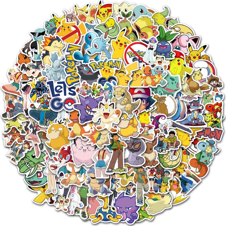 Set 100 autocolante Pokemon, 1.5-4 inch, rezistente la apa, Multicolor