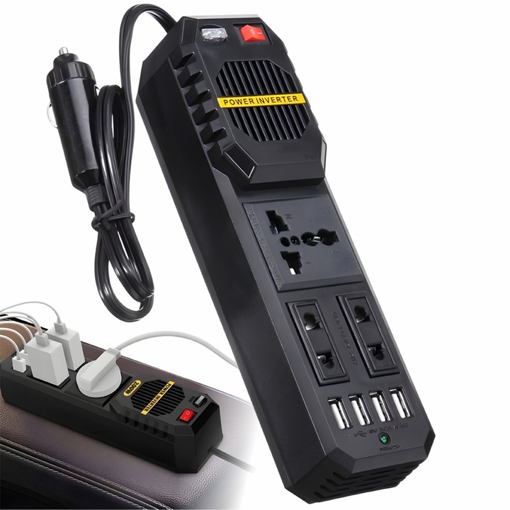 Invertor de Tensiune Auto, Linomag®, Dc/Ac 12v/220v, Adaptor priza EU/UK/USA/AU, 4xUSB 2.1, Negru