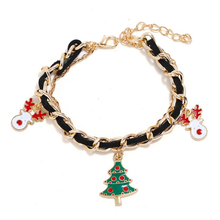Bratara cu 3 elemente cu motiv de craciun, model cu reni si brad, multicolora, reglabila
