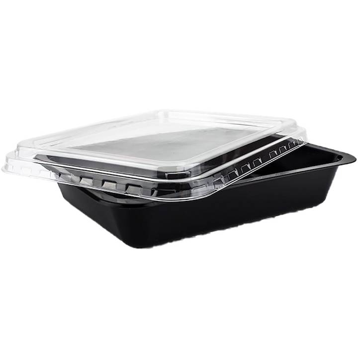 Set 50 buc, Caserole meniu, termorezistente, din PP, Negre, cu 1 compartiment si capac transparent, din plastic PET, dimensiuni 22x18x6 cm