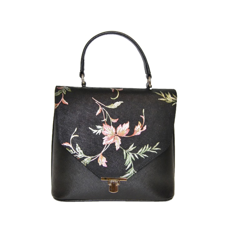 Geanta ZEA, 263, Office, neagra cu decor pe clapeta floral frunza, 26x12x21cm