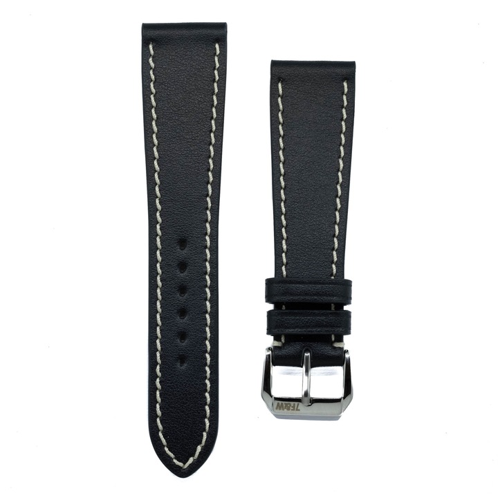 Curea ceas, unisex, din piele naturala, negru - shadow, cusatura alba