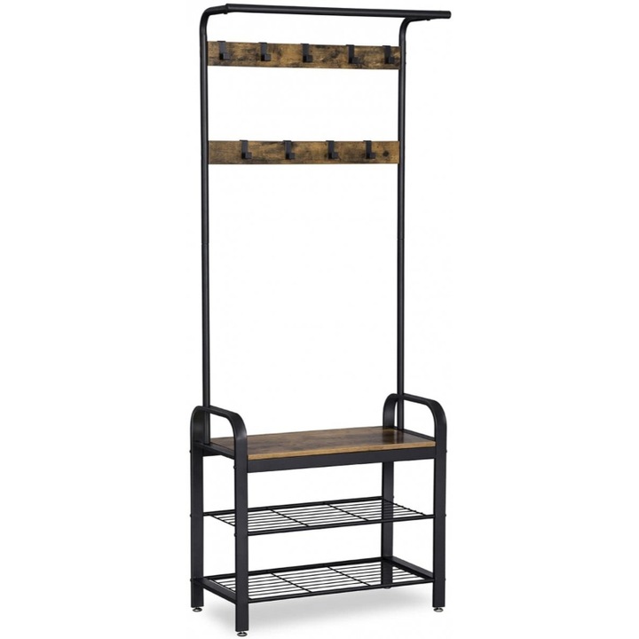 Suport de haine in stil industrial, Lemn/Metal, 72x33.7x183 cm, Maro