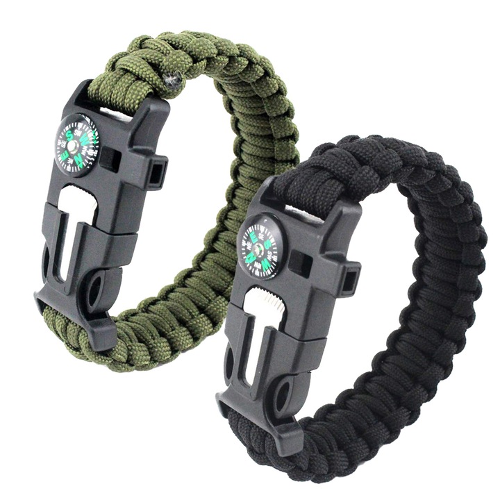 Set 2 bratari urgenta, Koungiam, Paracord, Reglabile, Negru/Verde