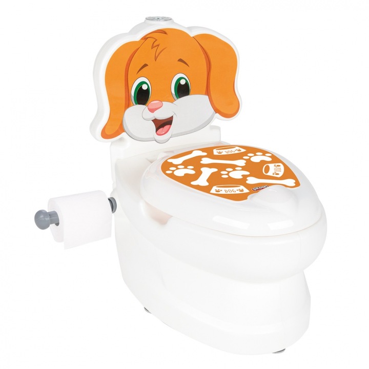 Olita educationala muzicala Pilsan Puppy cu baza antialunecare, suport hartie igienica si vas colectare detasabil, design ergonomic, cutie muzicala iluminata cu efect de sunet sifon