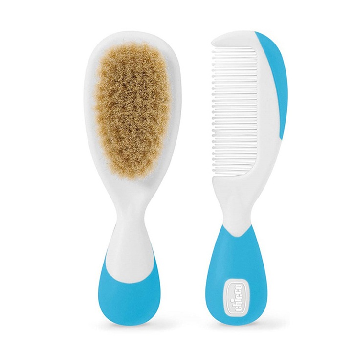 Set 2 piese pieptan si perie pentru fete 0+ luni Chicco 011933, Albastru