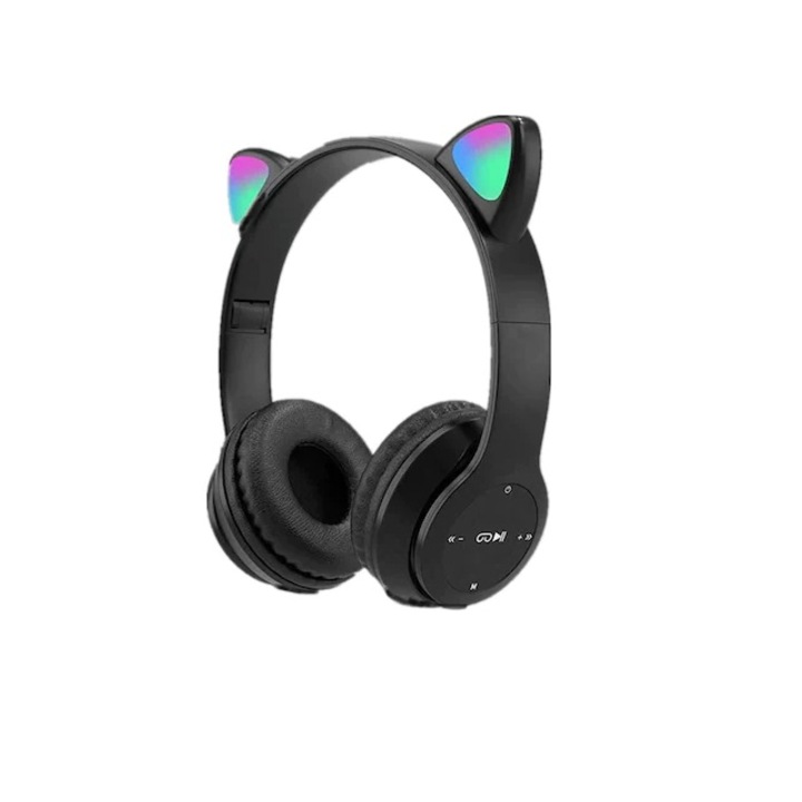 Y47 безжични слушалки с котешки уши, сгъваеми, Bluetooth 5.0, RGB интерактивни светодиоди, слот за TF карта, възпроизвеждане на MP3/WAV, черни